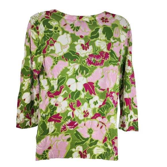 Talbots Petite Cardigan Medium Pink Green Floral 3/4 Sleeve Cotton Rayon Button - Picture 2 of 9